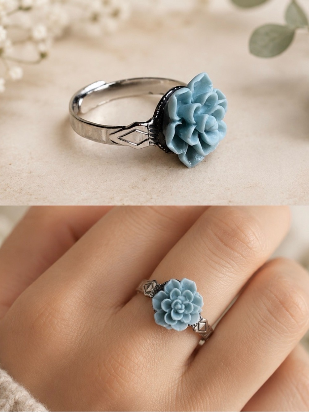 Misty Blue Succulent Ring Adjustable